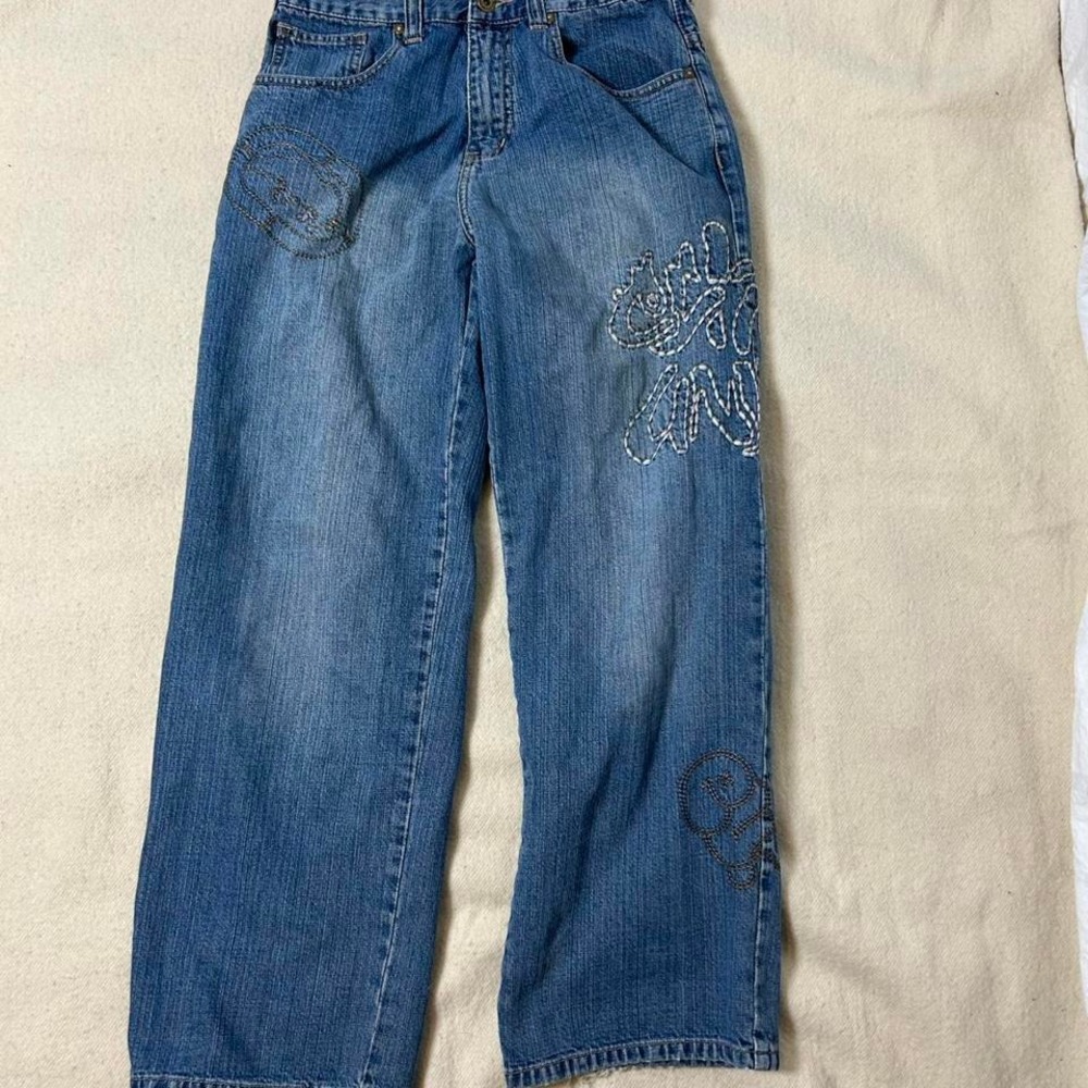 Vintage Ecko Unlimited Baggy Jeans Wide Leg Embroidered Y2K size 16 measures 27"